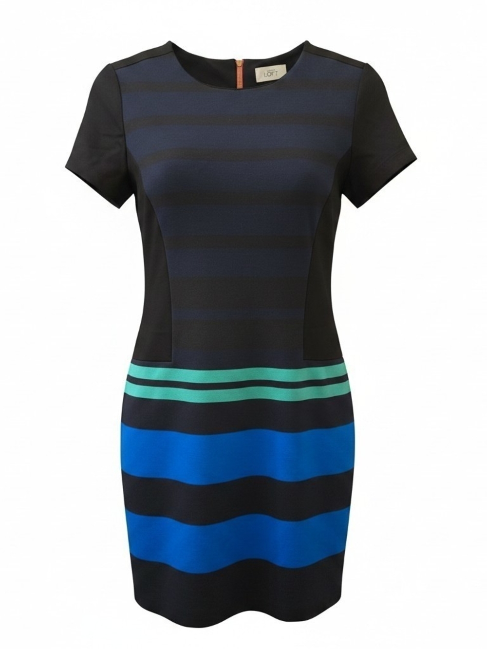 LOFT Black Navy Sheath Dress with Bright Blue & Teal Stripes - Size 8